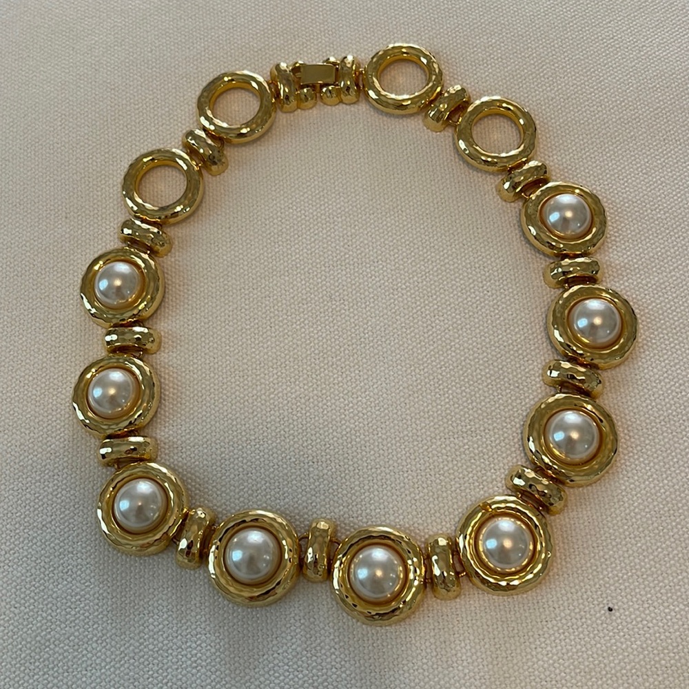 Vintage Hammered Gold and Pearl Ring Necklace